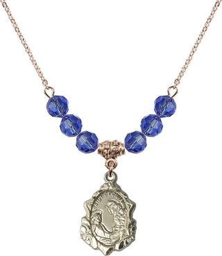 18" Hamilton Gold Plated Necklace with 4mm Sapphire Crystal Beads featuring a 14kt Gold Filled Saint Cecilia Medal. Engraved Catholic Saint Jewelry