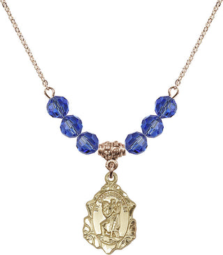 18" Hamilton Gold Plated Necklace with 4mm Sapphire Crystal Beads featuring a 14kt Gold Filled Saint Christopher Medal. Engraved Catholic Saint Jewelry