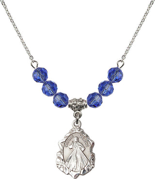 18" Rhodium Plated Necklace with 4mm Sapphire Crystal Beads featuring a Sterling Silver Divine Mercy Medal. Engraved Catholic Saint Jewelry