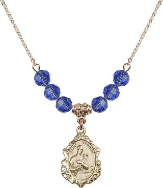 18" Hamilton Gold Plated Necklace with 4mm Sapphire Crystal Beads featuring a 14kt Gold Filled Saint Gerard Medal. Engraved Catholic Saint Jewelry