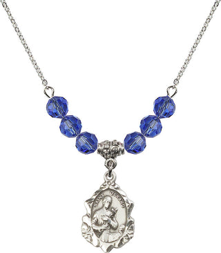 18" Rhodium Plated Necklace with 4mm Sapphire Crystal Beads featuring a Sterling Silver Saint Gerard Medal. Engraved Catholic Saint Jewelry