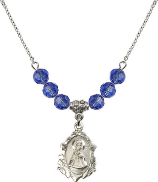 18" Rhodium Plated Necklace with 4mm Sapphire Crystal Beads featuring a Sterling Silver Infant of Prague Medal. Engraved Catholic Saint Jewelry