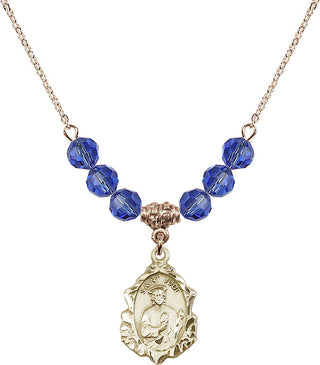 18" Hamilton Gold Plated Necklace with 4mm Sapphire Crystal Beads featuring a 14kt Gold Filled Saint Jude Medal. Engraved Catholic Saint Jewelry