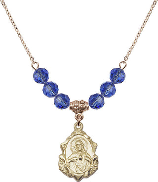 18" Hamilton Gold Plated Necklace with 4mm Sapphire Crystal Beads featuring a 14kt Gold Filled Scapular Medal.