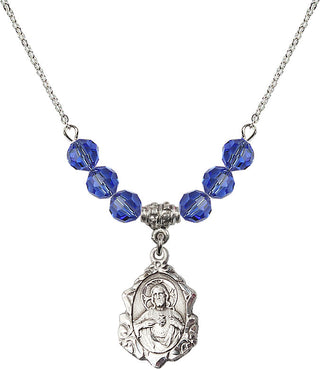 18" Rhodium Plated Necklace with 4mm Sapphire Crystal Beads featuring a Sterling Silver Scapular Medal.