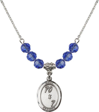 18" Rhodium Plated Necklace with 4mm Sapphire Crystal Beads featuring a Sterling Silver First Penance Medal.