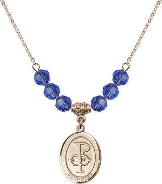 18" Hamilton Gold Plated Necklace with 4mm Sapphire Crystal Beads featuring a 14kt Gold Filled Matrimony Medal.