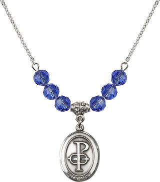 18" Rhodium Plated Necklace with 4mm Sapphire Crystal Beads featuring a Sterling Silver Matrimony Medal.