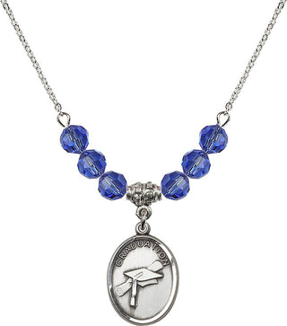18" Rhodium Plated Necklace with 4mm Sapphire Crystal Beads featuring a Sterling Silver Graduation Medal.
