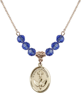 18" Hamilton Gold Plated Necklace with 4mm Sapphire Crystal Beads featuring a 14kt Gold Filled Confirmation Medal.