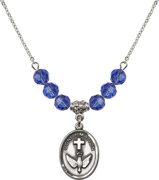 18" Rhodium Plated Necklace with 4mm Sapphire Crystal Beads featuring a Sterling Silver Confirmation Medal.