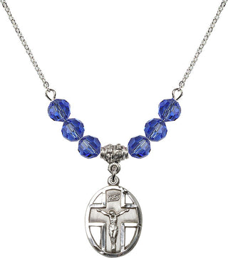 18" Rhodium Plated Necklace with 4mm Sapphire Crystal Beads featuring a Sterling Silver Crucifix Medal.