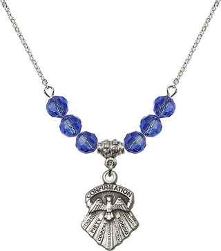 18" Rhodium Plated Necklace with 4mm Sapphire Crystal Beads featuring a Sterling Silver Seven Gifts Medal.