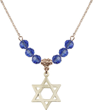 18" Hamilton Gold Plated Necklace with 4mm Sapphire Crystal Beads featuring a 14kt Gold Filled Star of David Medal.