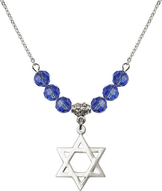 18" Rhodium Plated Necklace with 4mm Sapphire Crystal Beads featuring a Sterling Silver Star of David Medal.