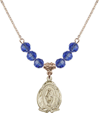 18" Hamilton Gold Plated Necklace with 4mm Sapphire Crystal Beads featuring a 14kt Gold Filled Miraculous Medal.