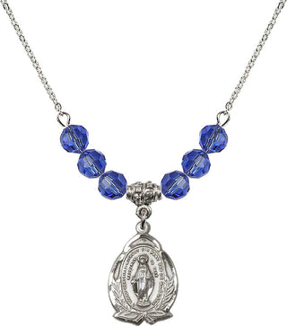 18" Rhodium Plated Necklace with 4mm Sapphire Crystal Beads featuring a Sterling Silver Miraculous Medal.
