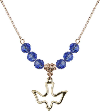 18" Hamilton Gold Plated Necklace with 4mm Sapphire Crystal Beads featuring a 14kt Gold Filled Holy Spirit Medal.