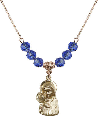 18" Hamilton Gold Plated Necklace with 4mm Sapphire Crystal Beads featuring a 14kt Gold Filled Madonna & Child Medal.