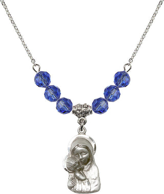 18" Rhodium Plated Necklace with 4mm Sapphire Crystal Beads featuring a Sterling Silver Madonna & Child Medal.