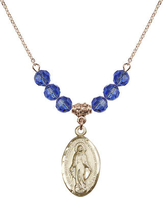 18" Hamilton Gold Plated Necklace with 4mm Sapphire Crystal Beads featuring a 14kt Gold Filled Miraculous Medal.