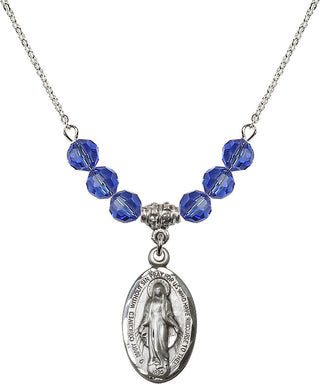 18" Rhodium Plated Necklace with 4mm Sapphire Crystal Beads featuring a Sterling Silver Miraculous Medal.