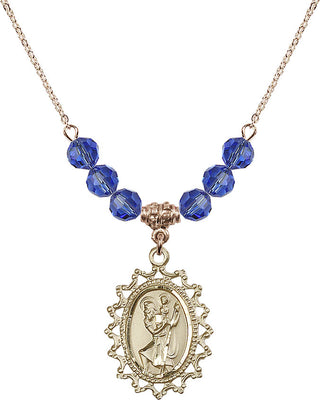 18" Hamilton Gold Plated Necklace with 4mm Sapphire Crystal Beads featuring a 14kt Gold Filled Saint Christopher Medal.
