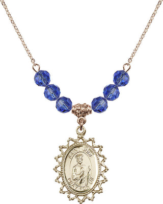 18" Hamilton Gold Plated Necklace with 4mm Sapphire Crystal Beads featuring a 14kt Gold Filled Saint Jude Medal.