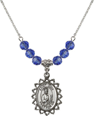 18" Rhodium Plated Necklace with 4mm Sapphire Crystal Beads featuring a Sterling Silver Saint Jude Medal.