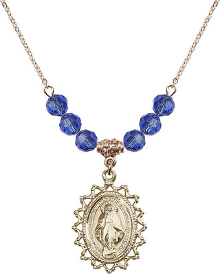 18" Hamilton Gold Plated Necklace with 4mm Sapphire Crystal Beads featuring a 14kt Gold Filled Miraculous Medal.