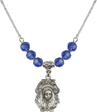 18" Rhodium Plated Necklace with 4mm Sapphire Crystal Beads featuring a Sterling Silver Madonna Medal.