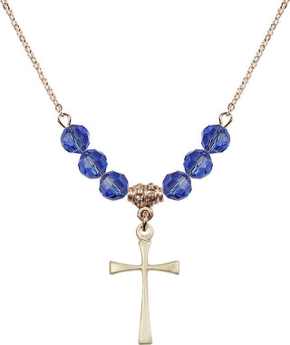 18" Hamilton Gold Plated Necklace with 4mm Sapphire Crystal Beads featuring a 14kt Gold Filled Maltese Cross Medal.