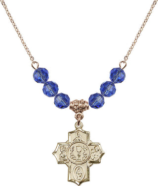 18" Hamilton Gold Plated Necklace with 4mm Sapphire Crystal Beads featuring a 14kt Gold Filled Communion/5-Way Medal.
