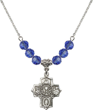 18" Rhodium Plated Necklace with 4mm Sapphire Crystal Beads featuring a Sterling Silver Communion/5-Way Medal.