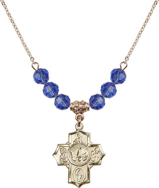 18" Hamilton Gold Plated Necklace with 4mm Sapphire Crystal Beads featuring a 14kt Gold Filled 5-Way Medal.