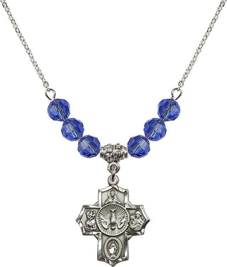 18" Rhodium Plated Necklace with 4mm Sapphire Crystal Beads featuring a Sterling Silver 5-Way Medal.