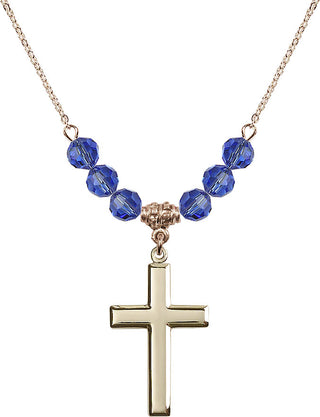 18" Hamilton Gold Plated Necklace with 4mm Sapphire Crystal Beads featuring a 14kt Gold Filled Cross Medal.