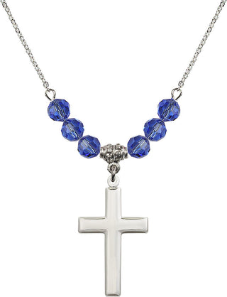 18" Rhodium Plated Necklace with 4mm Sapphire Crystal Beads featuring a Sterling Silver Cross Medal.