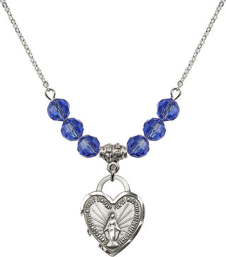 18" Rhodium Plated Necklace with 4mm Sapphire Crystal Beads featuring a Sterling Silver Miraculous Heart Medal. Engraved Catholic Saint Jewelry