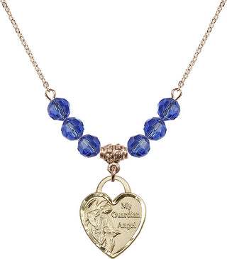 18" Hamilton Gold Plated Necklace with 4mm Sapphire Crystal Beads featuring a 14kt Gold Filled Guardian Angel Heart Medal. Engraved Catholic Saint Jewelry