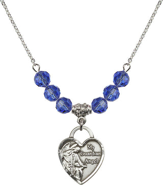 18" Rhodium Plated Necklace with 4mm Sapphire Crystal Beads featuring a Sterling Silver Guardian Angel Heart Medal. Engraved Catholic Saint Jewelry