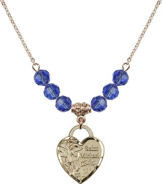 18" Hamilton Gold Plated Necklace with 4mm Sapphire Crystal Beads featuring a 14kt Gold Filled Saint Michael the Archangel Medal. Engraved Catholic Saint Jewelry