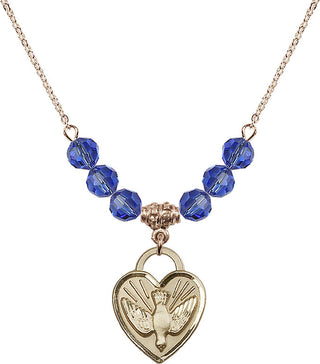 18" Hamilton Gold Plated Necklace with 4mm Sapphire Crystal Beads featuring a 14kt Gold Filled Confirmation Heart Medal. Engraved Catholic Saint Jewelry