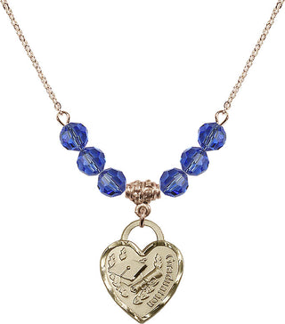 18" Hamilton Gold Plated Necklace with 4mm Sapphire Crystal Beads featuring a 14kt Gold Filled Graduation Heart Medal. Engraved Catholic Saint Jewelry