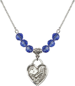 18" Rhodium Plated Necklace with 4mm Sapphire Crystal Beads featuring a Sterling Silver Graduation Heart Medal. Engraved Catholic Saint Jewelry