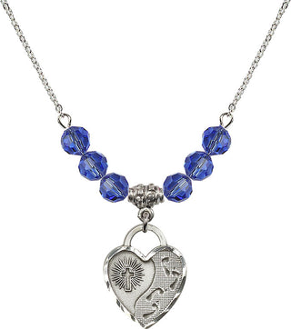 18" Rhodium Plated Necklace with 4mm Sapphire Crystal Beads featuring a Sterling Silver Footprints Heart Medal. Engraved Catholic Saint Jewelry