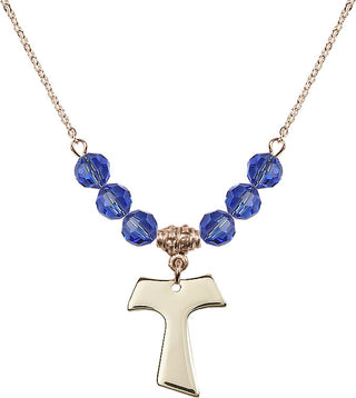 18" Hamilton Gold Plated Necklace with 4mm Sapphire Crystal Beads featuring a 14kt Gold Filled Tau Cross Medal.