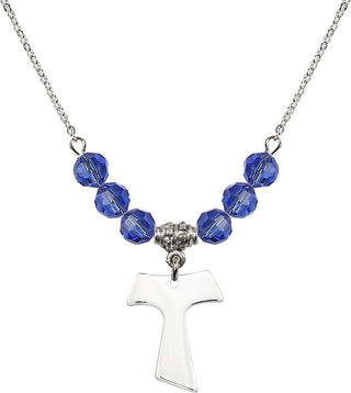 18" Rhodium Plated Necklace with 4mm Sapphire Crystal Beads featuring a Sterling Silver Tau Cross Medal.