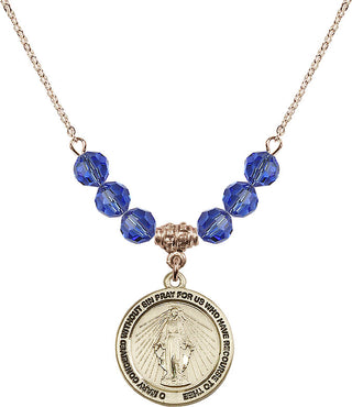 18" Hamilton Gold Plated Necklace with 4mm Sapphire Crystal Beads featuring a 14kt Gold Filled Miraculous Medal.