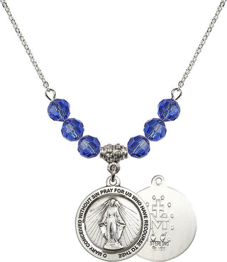 18" Rhodium Plated Necklace with 4mm Sapphire Crystal Beads featuring a Sterling Silver Miraculous Medal.